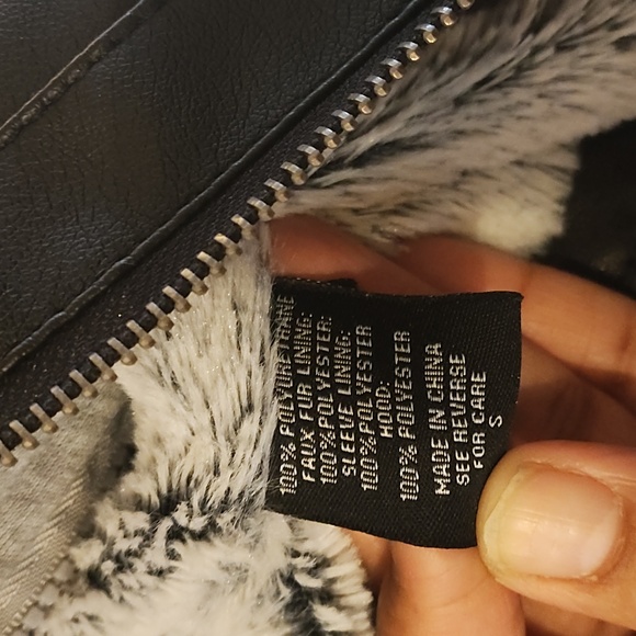 Women's Black Faux Leather Jacket with Gray Hoodie - Picture 10 of 10